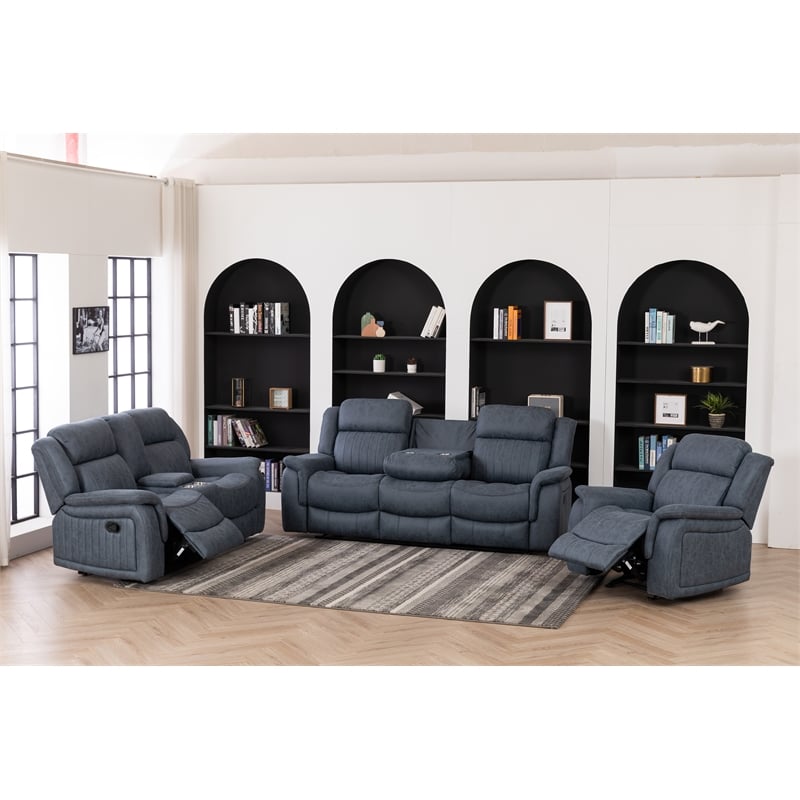 Hybition 3 Piece Fabric Reclining Living Room Set with Cup Holders Storage Grey