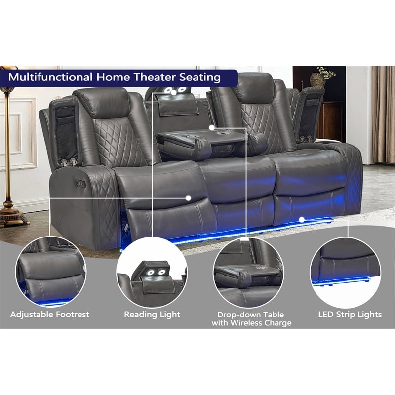 Hybition PU Leather 3 Pieces Power Reclining Multi-functional Sofa Set - Grey