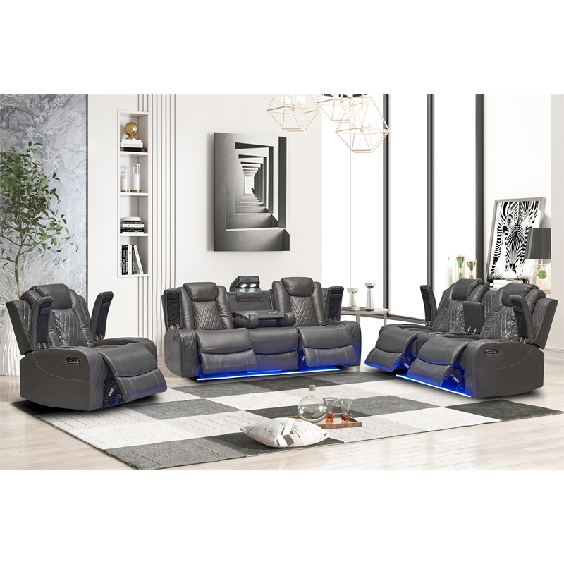 Hybition PU Leather 3 Pieces Power Reclining Multi-functional Sofa Set - Grey