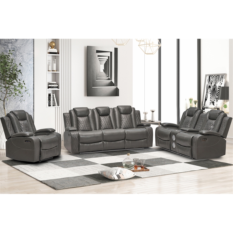 Hybition PU Leather 3 Pieces Power Reclining Multi-functional Sofa Set - Grey