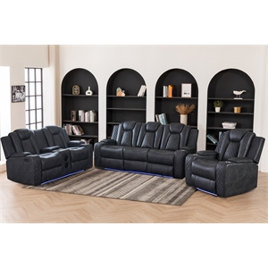 3PCS PU Leather Power Reclining Sofa Set LED Strip Speaker Gray