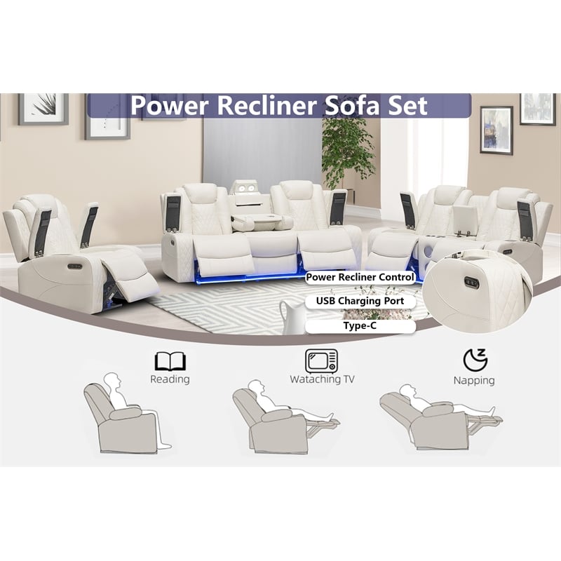 Hybition PU Leather 3 Pieces Power Reclining Multi-functional Sofa Set - White