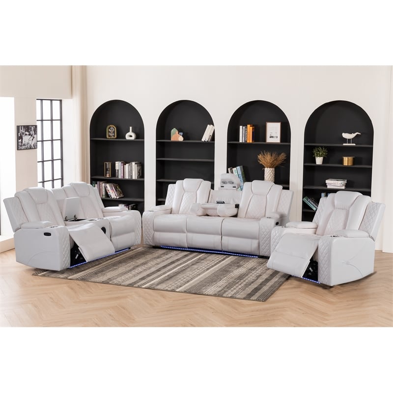 3PCS PU Leather Power Reclining Sofa Set LED Strip Speaker White