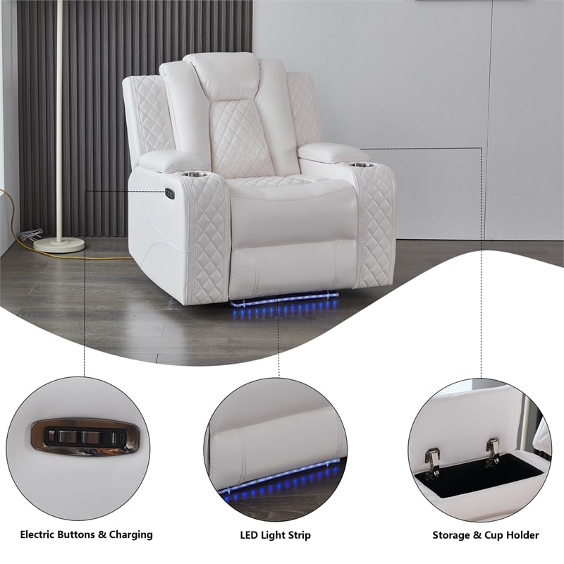 3PCS PU Leather Power Reclining Sofa Set LED Strip Speaker White