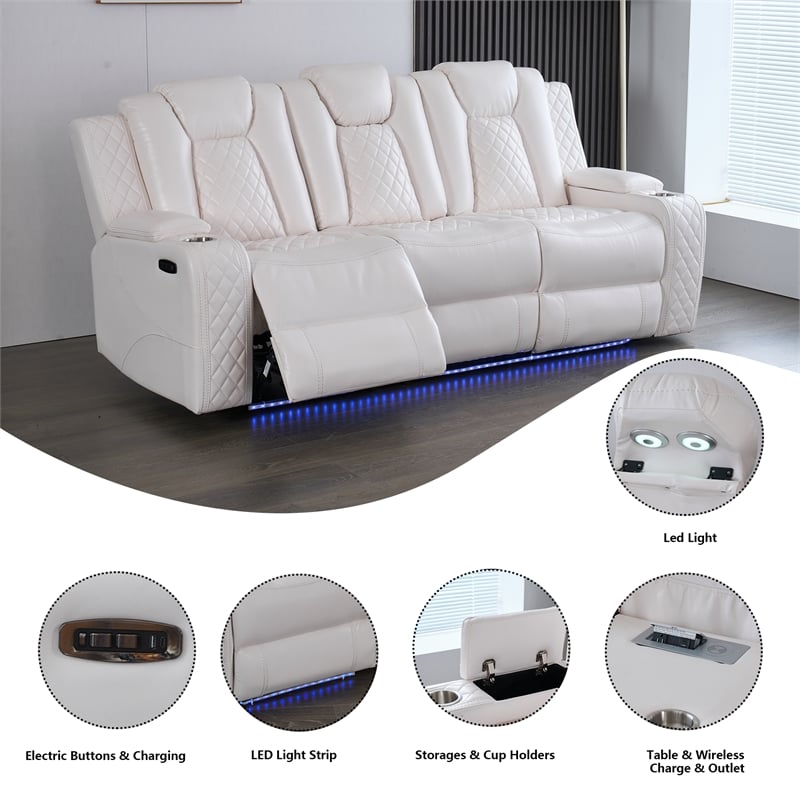 3PCS PU Leather Power Reclining Sofa Set LED Strip Speaker White
