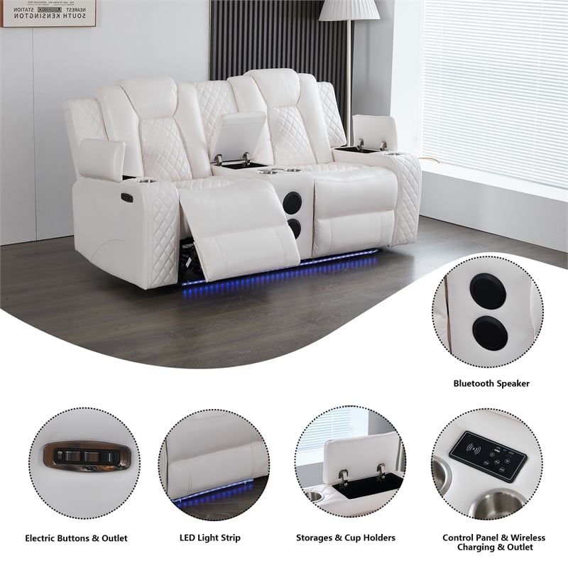 3PCS PU Leather Power Reclining Sofa Set LED Strip Speaker White