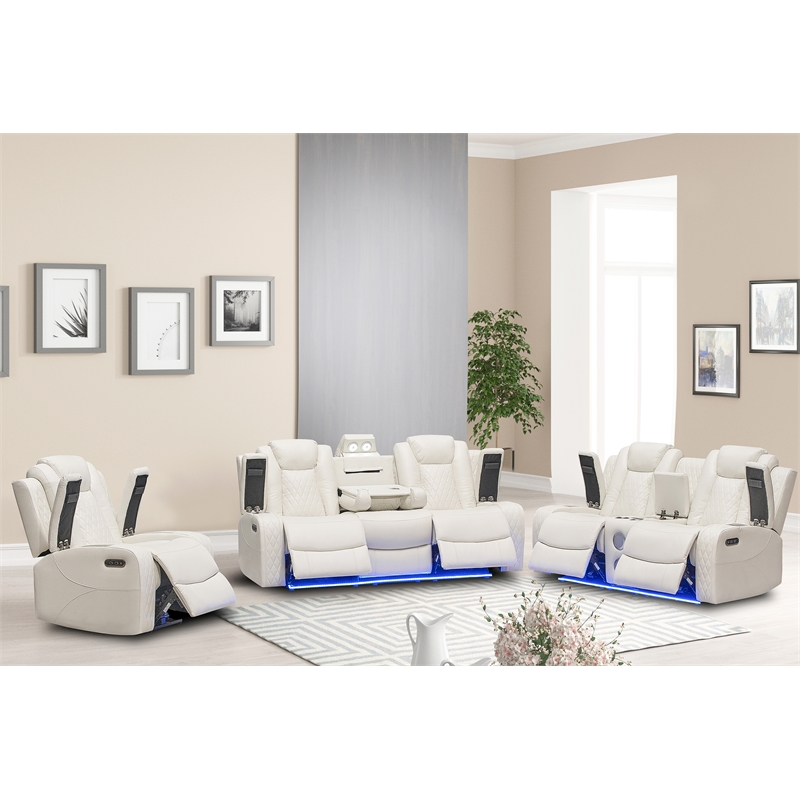 Hybition PU Leather 3 Pieces Power Reclining Multi-functional Sofa Set - White