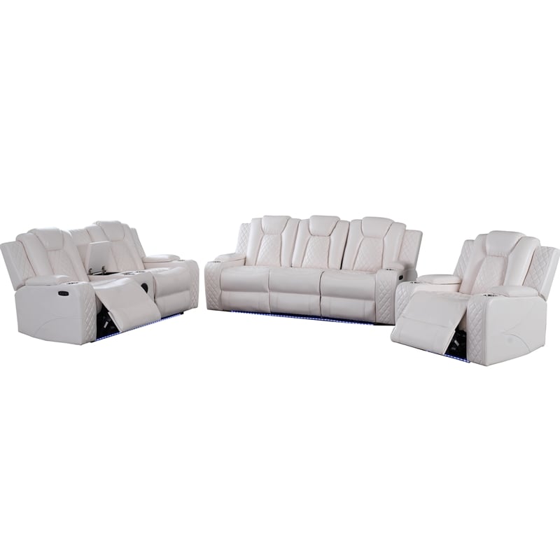 3PCS PU Leather Power Reclining Sofa Set LED Strip Speaker White