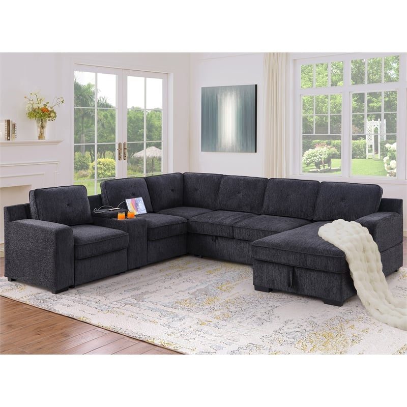 Hybition Modern Chenille Sofa Pull out Sofabed & Multifunctional Console-Grey