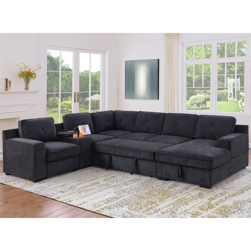 Hybition Modern Chenille Sofa Pull out Sofabed & Multifunctional Console-Grey