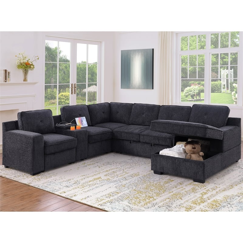 Hybition Modern Chenille Sofa Pull out Sofabed & Multifunctional Console-Grey