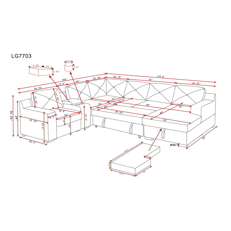 Hybition Modern Chenille Sofa Pull out Sofabed & Multifunctional Console-Grey