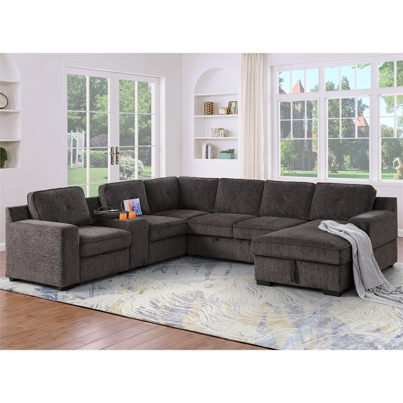 Hybition Modern Chenille Sofa Pull out Sofabed & Multifunctional Console-Brown