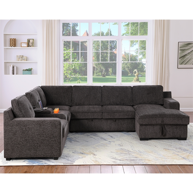 Hybition Modern Chenille Sofa Pull out Sofabed & Multifunctional Console-Brown