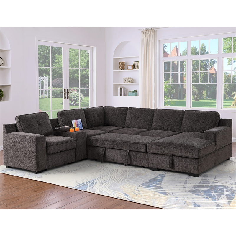 Hybition Modern Chenille Sofa Pull out Sofabed & Multifunctional Console-Brown