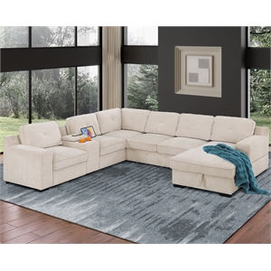 Hybition Modern Chenille Sofa Pull out Sofabed & Multifunctional Console-Beige