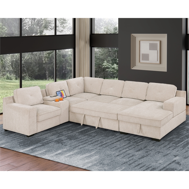 Hybition Modern Chenille Sofa Pull out Sofabed & Multifunctional Console-Beige