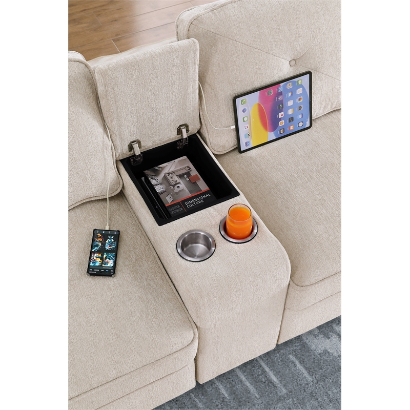 Hybition Modern Chenille Sofa Pull out Sofabed & Multifunctional Console-Beige