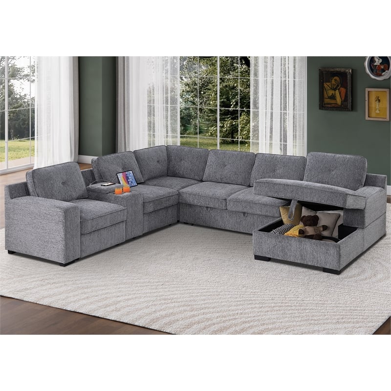 Hybition Modern Chenille Sofa Pull out Sofabed & Multifunctional Console-Grey