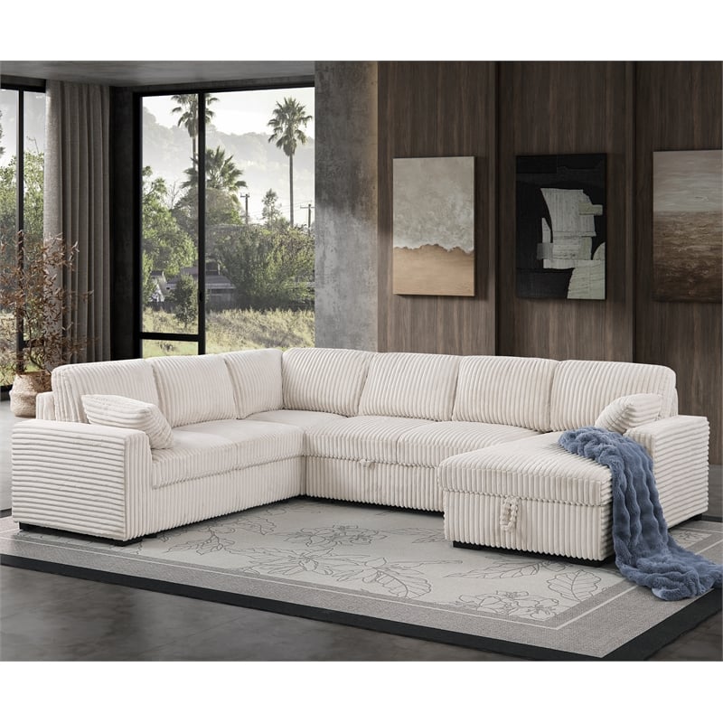 Hybition Fabric U-Shape Sofa Modern Pull out Sofa bed  & Storage Space-Beige