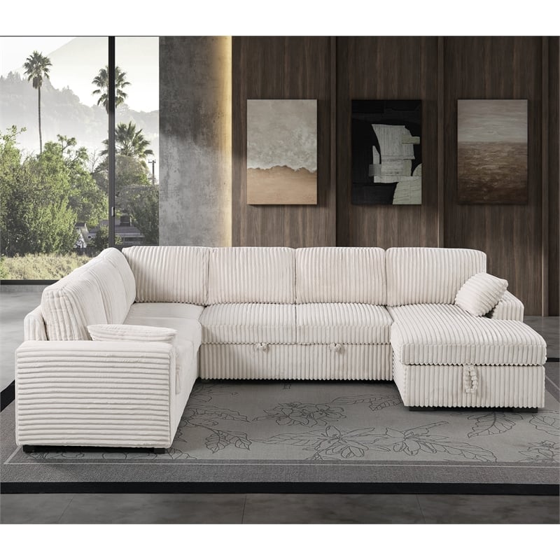 Hybition Fabric U-Shape Sofa Modern Pull out Sofa bed  & Storage Space-Beige
