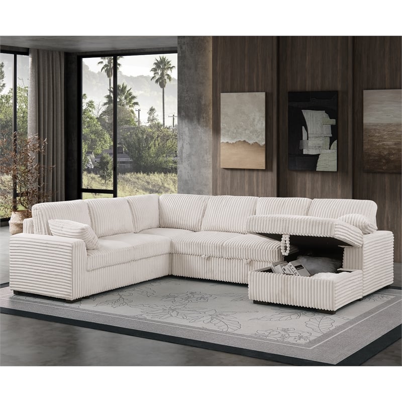 Hybition Fabric U-Shape Sofa Modern Pull out Sofa bed  & Storage Space-Beige
