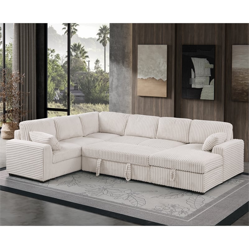 Hybition Fabric U-Shape Sofa Modern Pull out Sofa bed  & Storage Space-Beige
