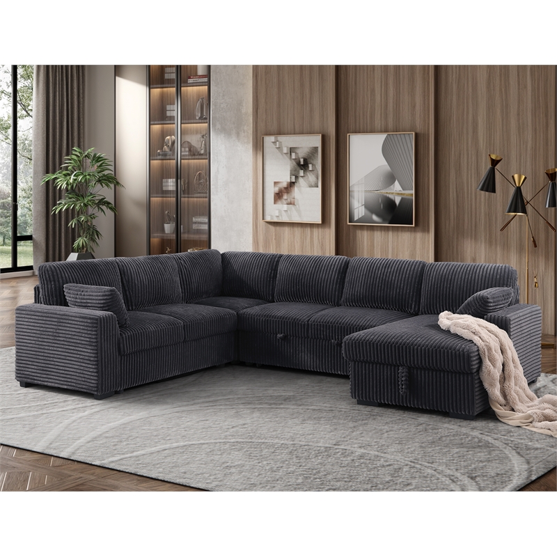 Hybition Fabric U-Shape Sofa Modern Pull out Sofa bed  & Storage Space-Grey