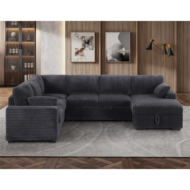 Hybition Fabric U-Shape Sofa Modern Pull out Sofa bed  & Storage Space-Grey
