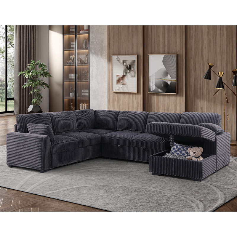 Hybition Fabric U-Shape Sofa Modern Pull out Sofa bed  & Storage Space-Grey