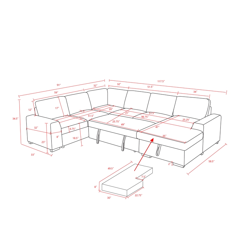 Hybition Fabric U-Shape Sofa Modern Pull out Sofa bed  & Storage Space-Grey