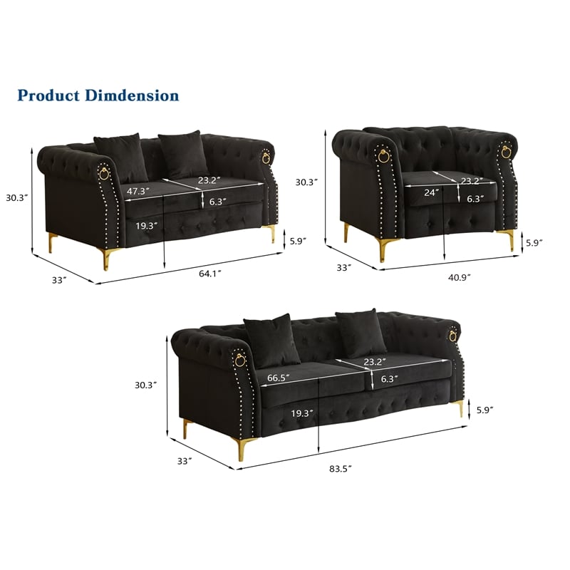 Hybition 3-Pieces Living Room Set Modern Velvet Sofa Set & Golden rivets-Black