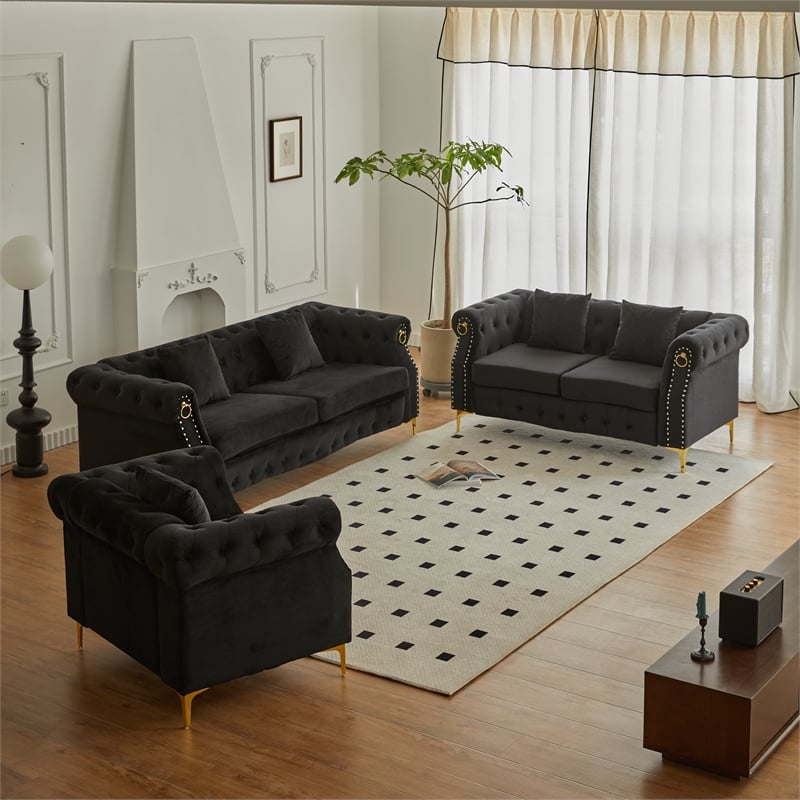 Hybition 3-Pieces Living Room Set Modern Velvet Sofa Set & Golden rivets-Black