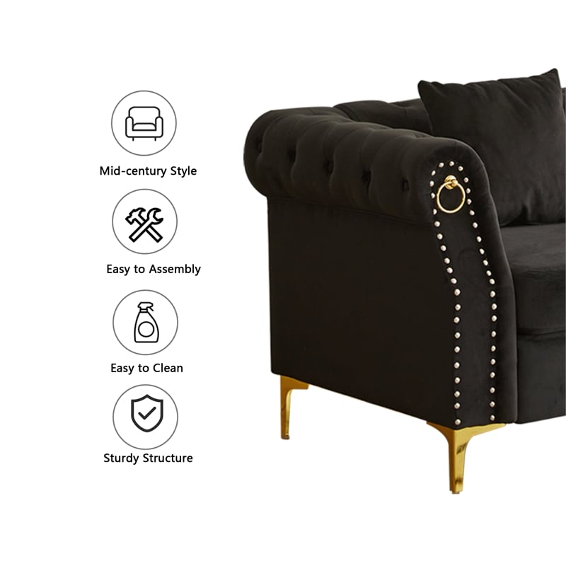 Hybition 3-Pieces Living Room Set Modern Velvet Sofa Set & Golden rivets-Black