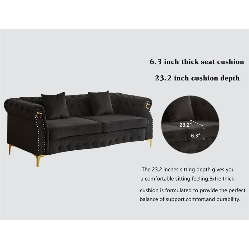 Hybition 3-Pieces Living Room Set Modern Velvet Sofa Set & Golden rivets-Black