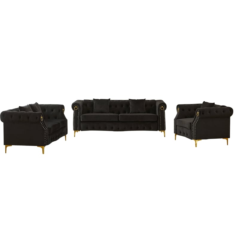 Hybition 3-Pieces Living Room Set Modern Velvet Sofa Set & Golden rivets-Black