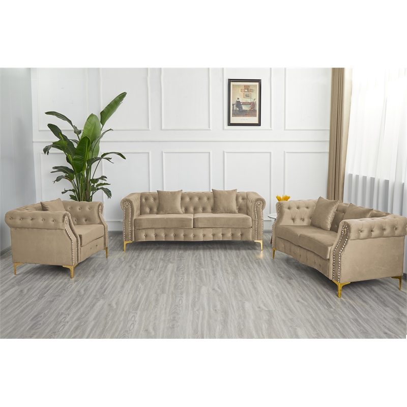 Hybition 3-Pieces Living Room Set Modern Velvet Sofa Set & Golden rivets-Beige