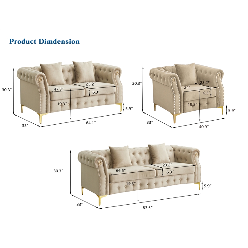 Hybition 3-Pieces Living Room Set Modern Velvet Sofa Set & Golden rivets-Beige