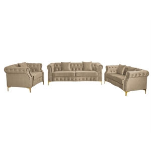 Hybition 3-Pieces Living Room Set Modern Velvet Sofa Set & Golden rivets-Beige