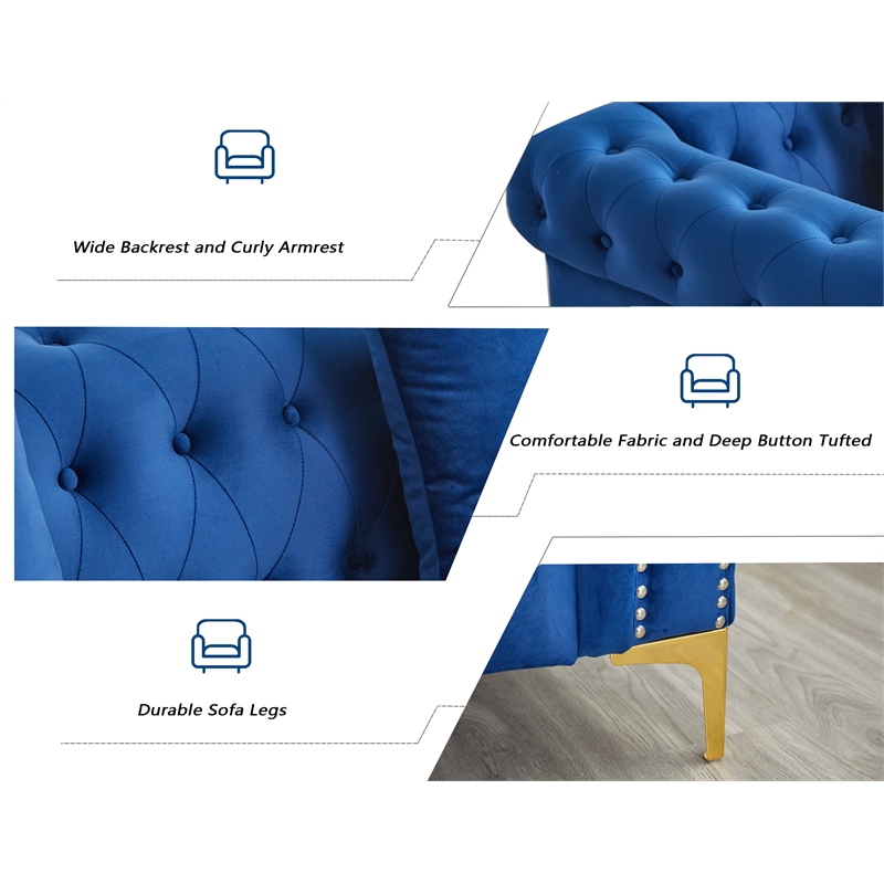 Hybition 3-Pieces Living Room Set Modern Velvet Sofa Set & Golden rivets-Blue