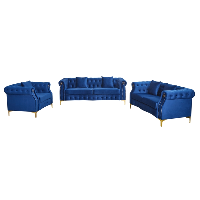 Hybition 3-Pieces Living Room Set Modern Velvet Sofa Set & Golden rivets-Blue