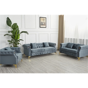 Hybition 3-Pieces Living Room Set Modern Velvet Sofa Set & Golden rivets-Grey