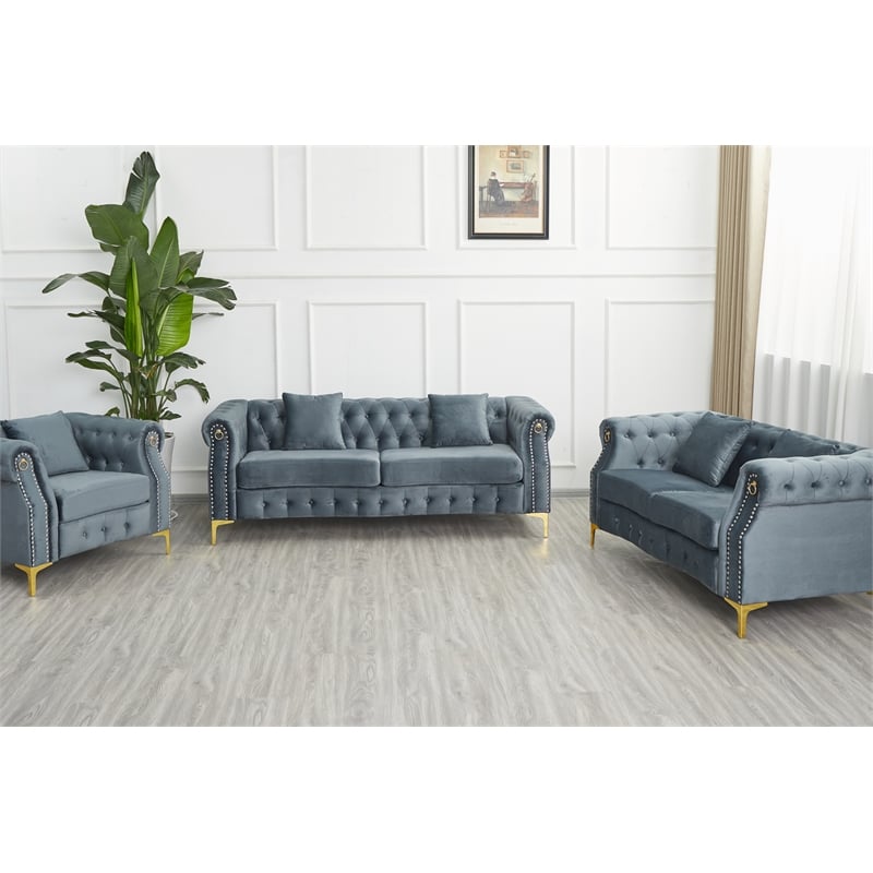 Hybition 3-Pieces Living Room Set Modern Velvet Sofa Set & Golden rivets-Grey