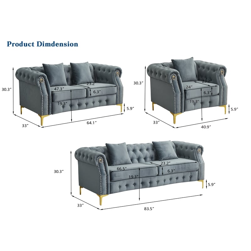 Hybition 3-Pieces Living Room Set Modern Velvet Sofa Set & Golden rivets-Grey