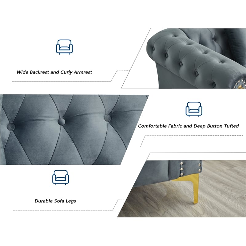Hybition 3-Pieces Living Room Set Modern Velvet Sofa Set & Golden rivets-Grey