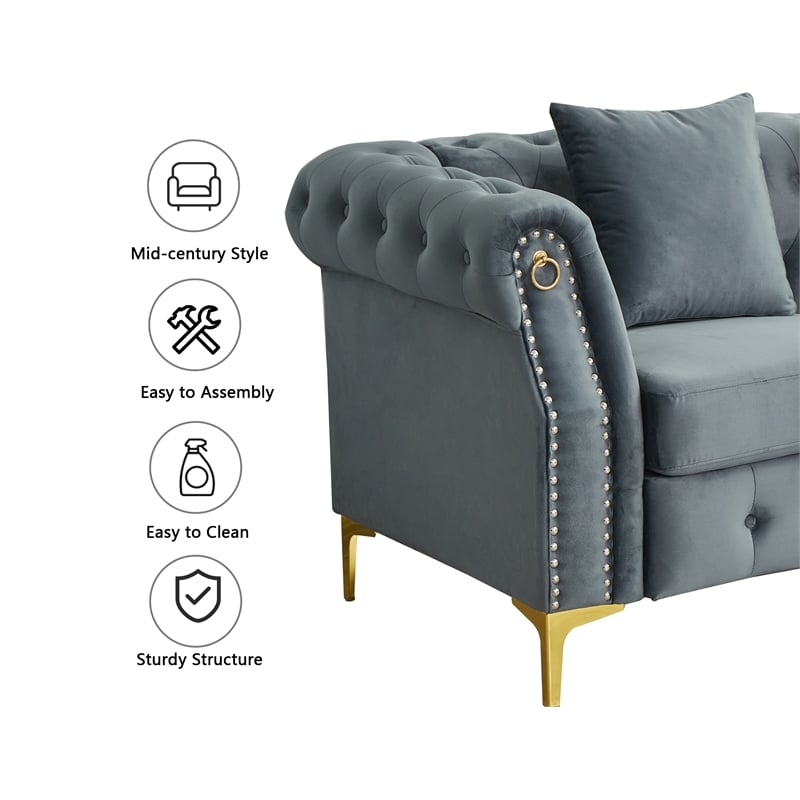 Hybition 3-Pieces Living Room Set Modern Velvet Sofa Set & Golden rivets-Grey
