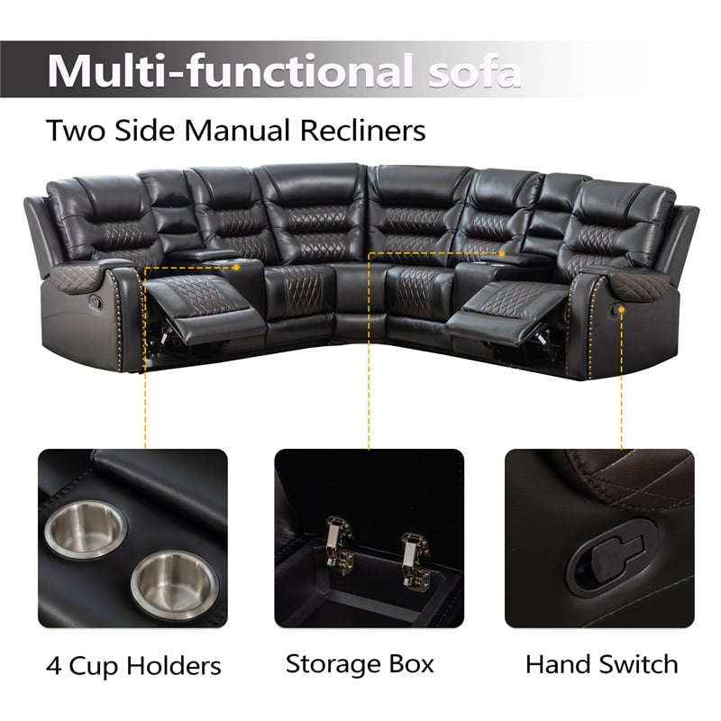 Hybition Manual Recliner Sectional Sofa Set PU Leather L-Shaped Couch Black