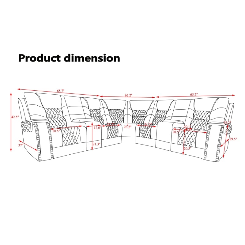 Hybition Manual Recliner Sectional Sofa Set PU Leather L-Shaped Couch Black