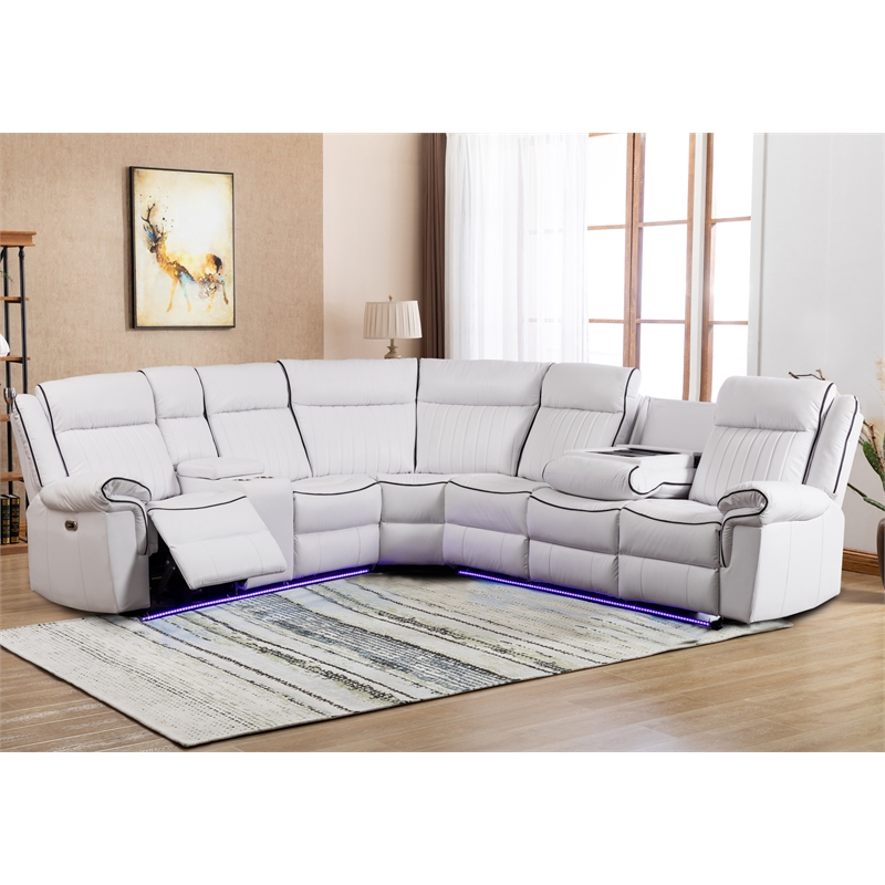Power Reclining PU Leather Sectional Sofa w/ Speaker & Wireless Charging & Outlet & LED Strip White