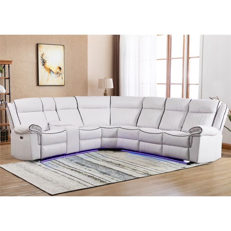 Power Reclining PU Leather Sectional Sofa w/ Speaker & Wireless Charging & Outlet & LED Strip White